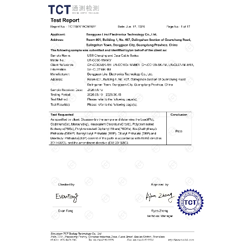 TCT RoHS test report for Lirui USB charging and data cable series